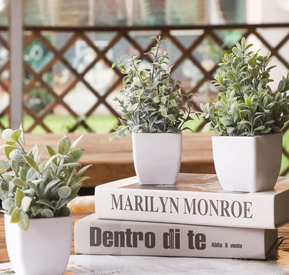 6 Pots Small Fake Plants Mini Artificial Potted Plants Eucalyptus Spring Grass Magnolia Bean Leaf and Rosemary Faux Plants for Table Desk Home Bathroom Office Farmhouse Decor, Grey