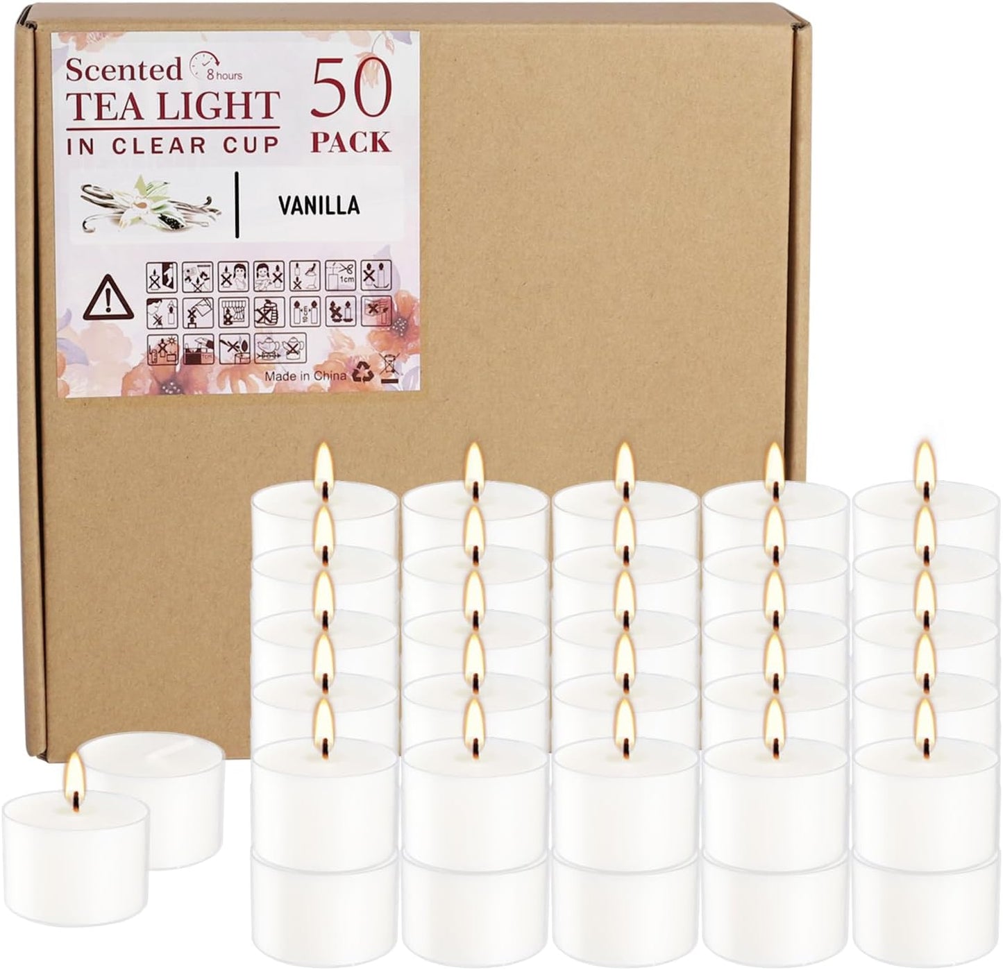 Rose Scented Candle Tealight Candles in Clear Cup, 8 Hours Consistent Smkless Clean Burning, Great for Valentine's Day Holiday, Wedding, Spa, Emergency and Home Decoration（Pink，50 Pack）