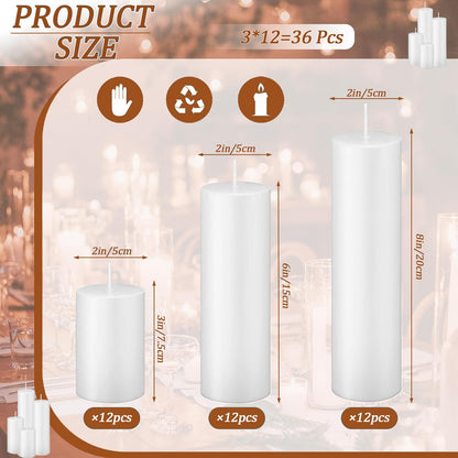 18 Pcs White Pillar Candles Bulk Set，Hurricane Candles，3 Different Lengths 2 x 3/4/6 Inch (6 Each)，Dripless Unscented Smokeless，Gives You a Better Atmosphere When Organizing an Event Party.