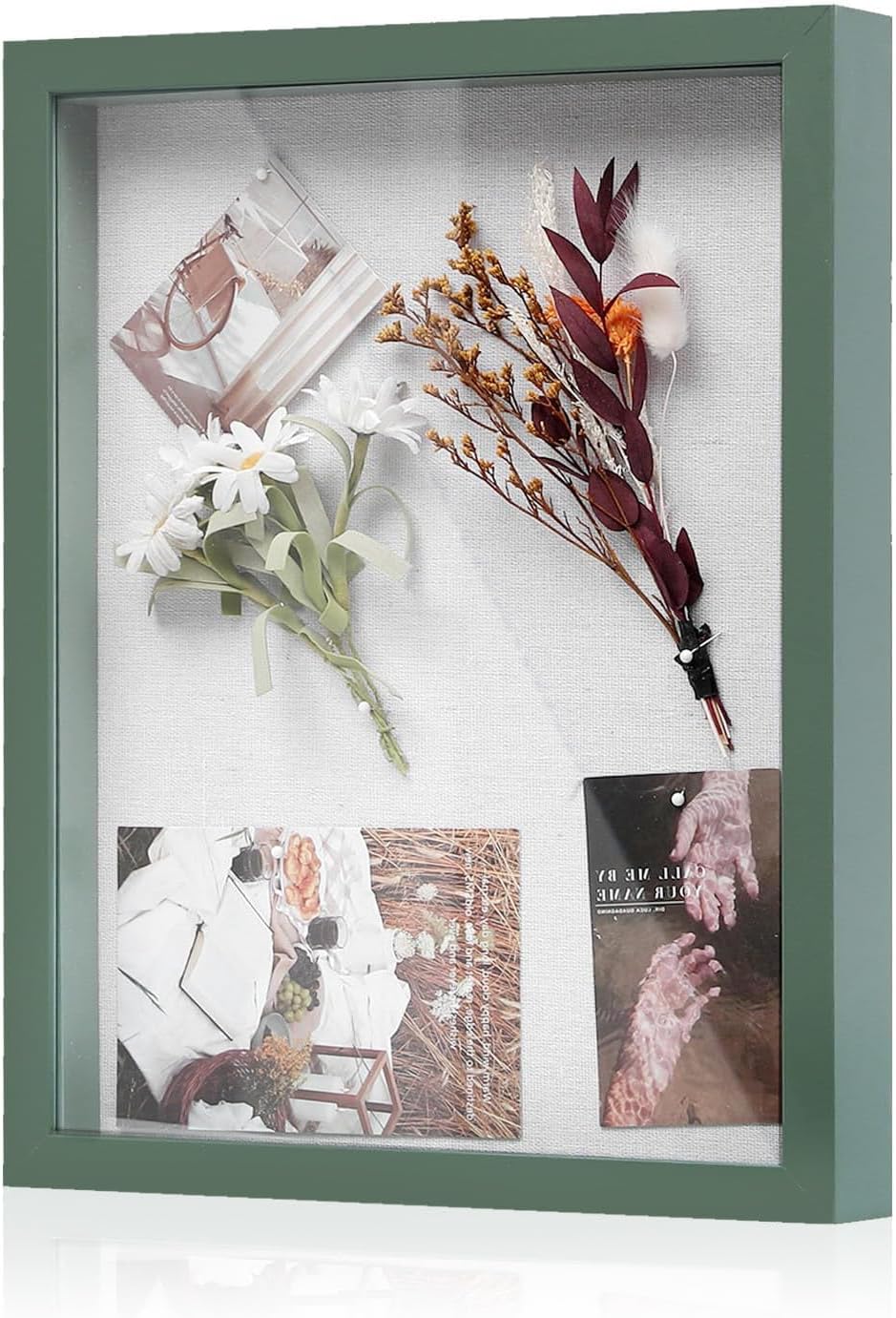 Muzilife 8x8 Shadow Box Picture Frame with Linen Board - Deep Wood & Glass Display Case Ready to Hang Memory Box Baby Sports Memorabilia, Pins, Awards, Medals, Wedding, Tickets and Photos (Black)