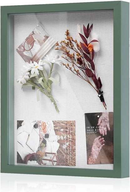 Muzilife 8x8 Shadow Box Picture Frame with Linen Board - Deep Wood & Glass Display Case Ready to Hang Memory Box Baby Sports Memorabilia, Pins, Awards, Medals, Wedding, Tickets and Photos (Black)