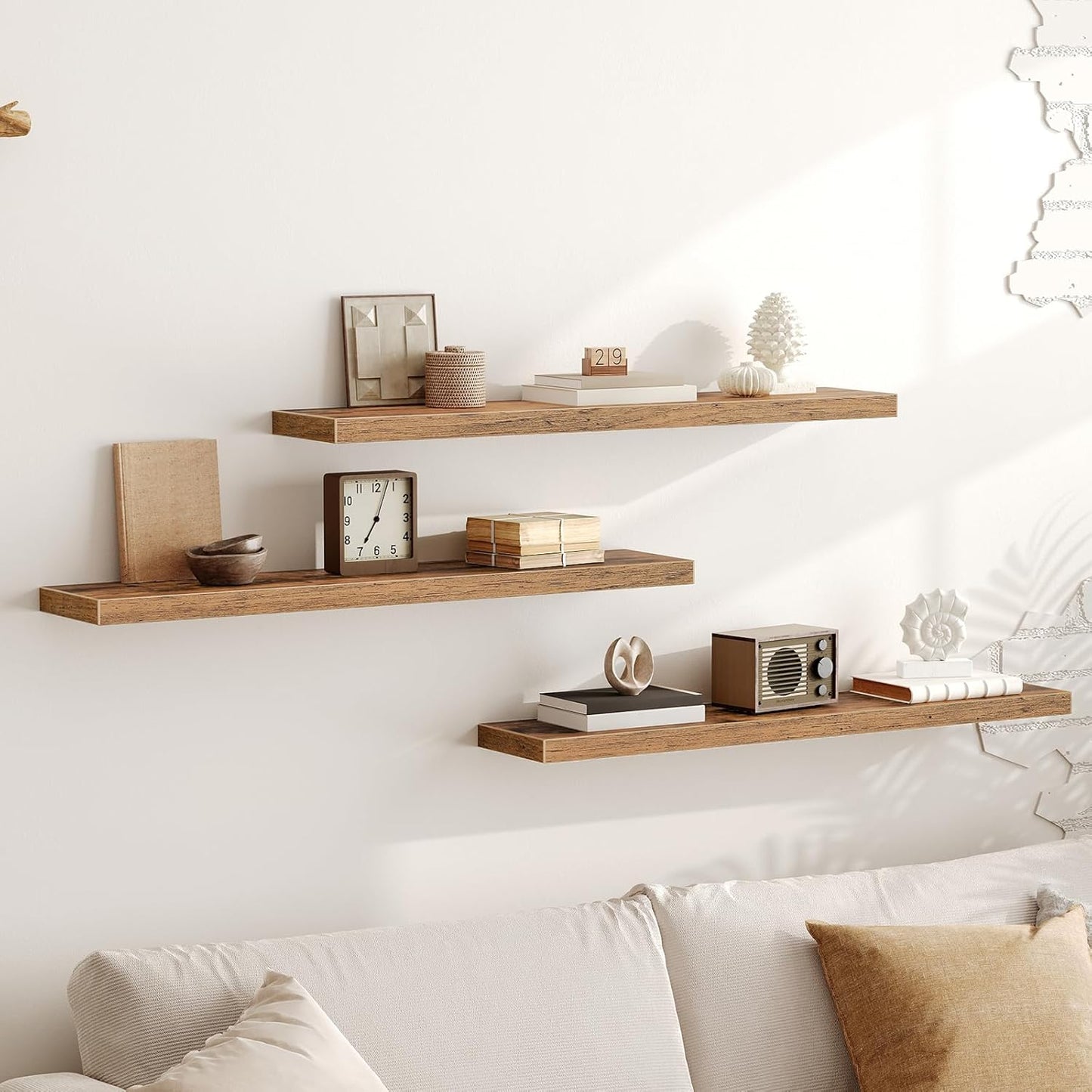 RALGEND Floating Shelves for Wall, 1.5" Thick Wall Shelf Set of 3 with Invisible Brackets, L31.5 x W7.9 Hanging Shelves Farmhouse Home Decor for Bathroom, Living Room, Bedroom, Rustic Brown 8301BJP3BF