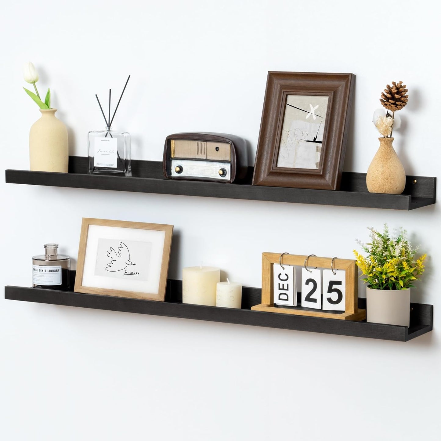 FLYJOE Picture Ledge Shelf, Floating Shelves Set of 2, Solid Pine Wood 55'' Long Large Nursery Book Shelves for Toys Storage, Kids Bookshelf for Living Room Bedroom Decor Books Photo Frames, Walnut