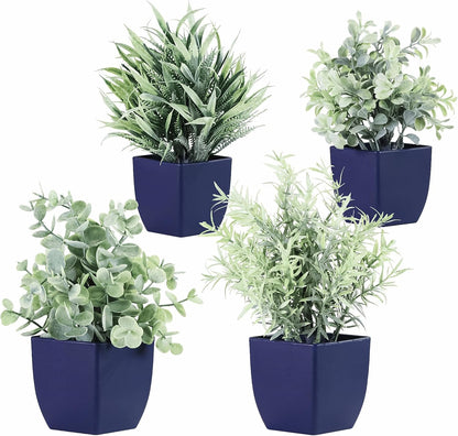 4pcs Fake Small Plants, Artificial Greenery Potted Plant for Home Office Decor, Small Faux Gray Grass Eucalyptus for Bathroom Plants Decoration, Mini Plant Potted Table Shelf Decoration