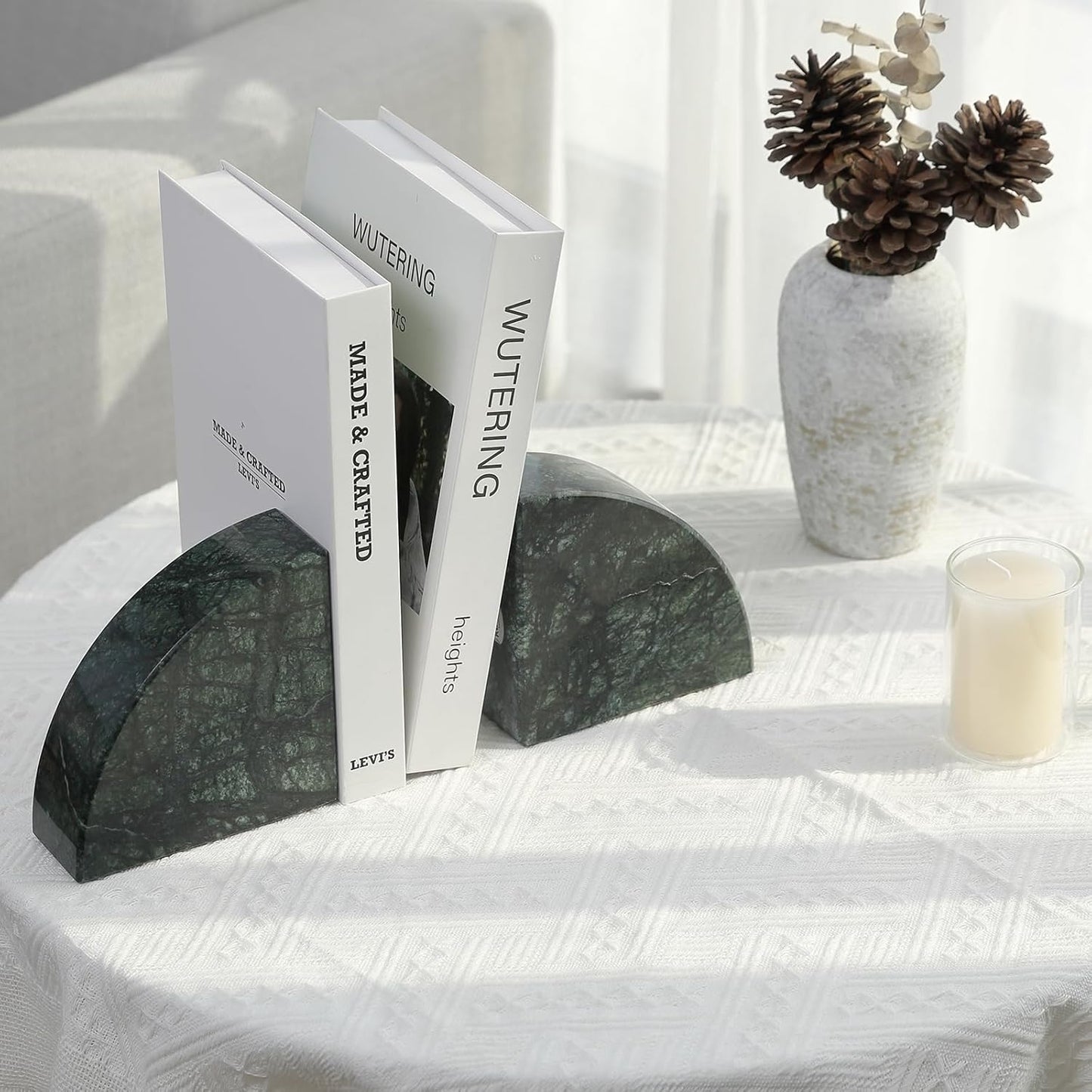 Karibiber Travertine Bookends for Heavy Books, Marble Decorative Bookends for Shelves, Heavy-Duty Stone Book Ends for Hardback Book & Cookbooks, Unique Book Stopper & Holder, Travertino Italy