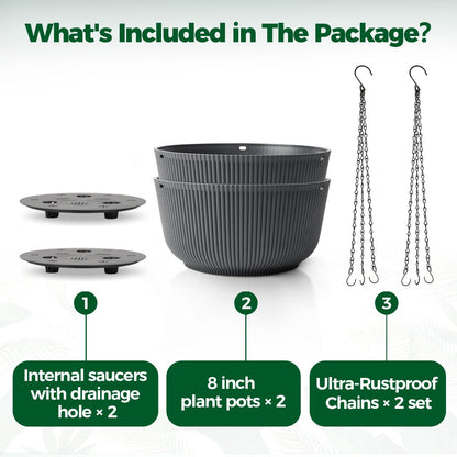 T4U 10 Inch Hanging Planters for Indoor Plants, 2 Pack White Self Watering Hanging Plant Pot, Hanging Pots Set with Drainage Hole & Plug & Chain with 3 Hooks for Garden Home Decor