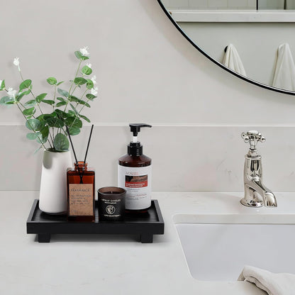 Decorative Tray Small Pedestal Stand Farmhouse Bathroom Decor Wooden Riser Display Stand for Vanity, Kitchen Countertop, Sink, 9.4 * 4.7 White