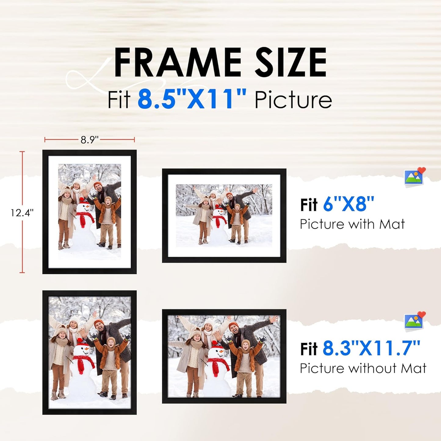 FIXSMITH 8x10 Picture Frame Set of 2, Photo Frame with HD Plexiglass, Display Pictures 5x7 with Mat or 8x10 Without Mat Multi Picture Frames Collage for Tabletop or Wall Display, Black