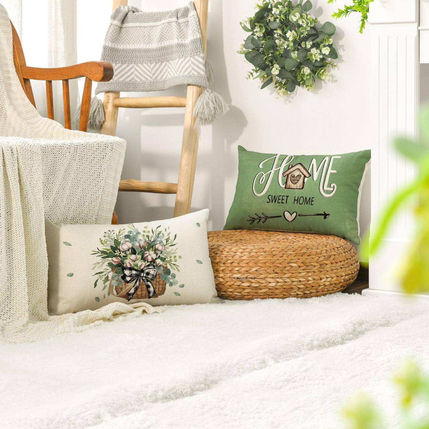 AVOIN colorlife Bless Our Home Farmhouse Eucalyptus Leaves Throw Pillow Covers, 18 x 18 Inch Truck Home Sweet Home Cushion Case Decorations Set of 4