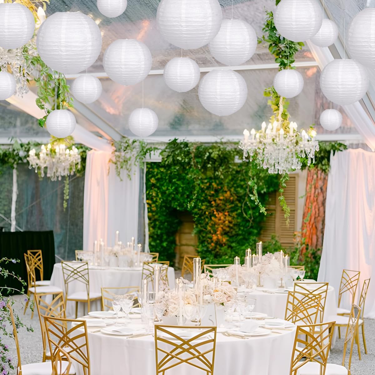 Paper Lanterns Decorative, Round Hanging Paper Lanterns Decorations for Rustic Party Bridal Shower Wedding Sage Green Birthday Party Supplies Gold/Ivory/Sage Green 15pcs