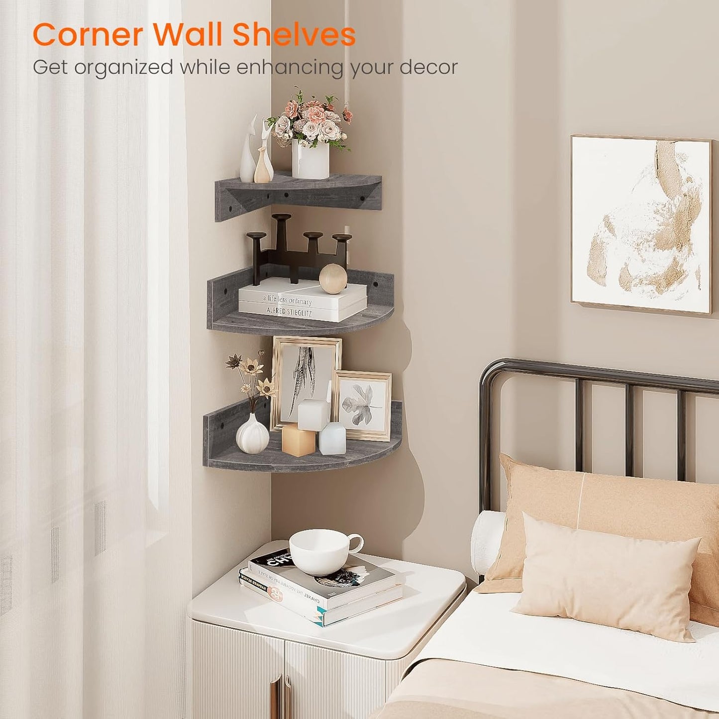 Homode Corner Shelf Wall Mount, Set of 3 Floating Corner Shelves with Cord Hole, 3 Tier Wood Wall Display Shelf, Storage for Bathroom Living Room Kitchen Bedroom, Rustic Brown and Black