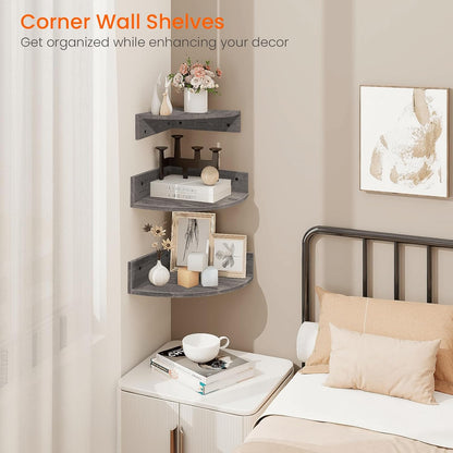 Homode Corner Shelf Wall Mount, Set of 3 Floating Corner Shelves with Cord Hole, 3 Tier Wood Wall Display Shelf, Storage for Bathroom Living Room Kitchen Bedroom, Rustic Brown and Black