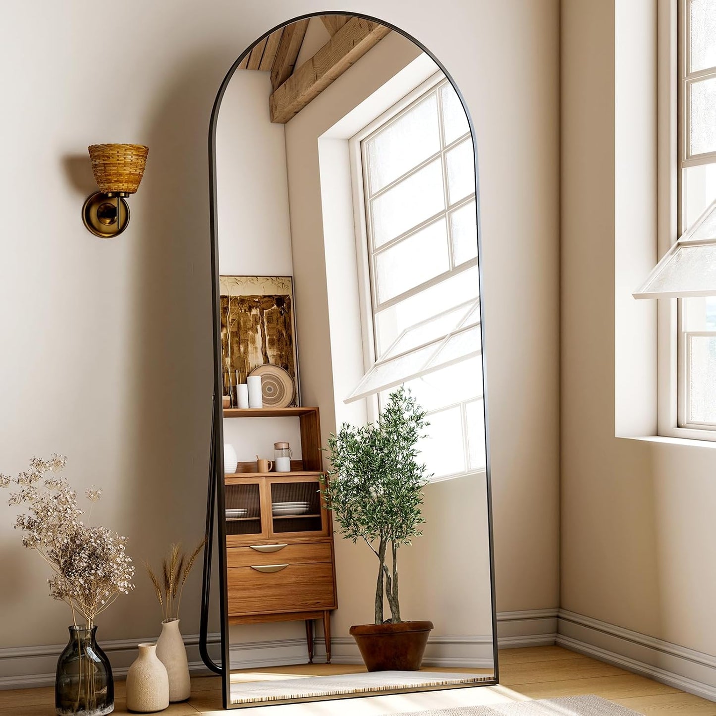 XRAMFY 56"x21" Arched Full Length Mirror Floor Mirrors with Aluminum Alloy Frame Free-Standing Wall Mounted Floor Mirrors or Large Dressing Mirror, Black Mirror Full Length