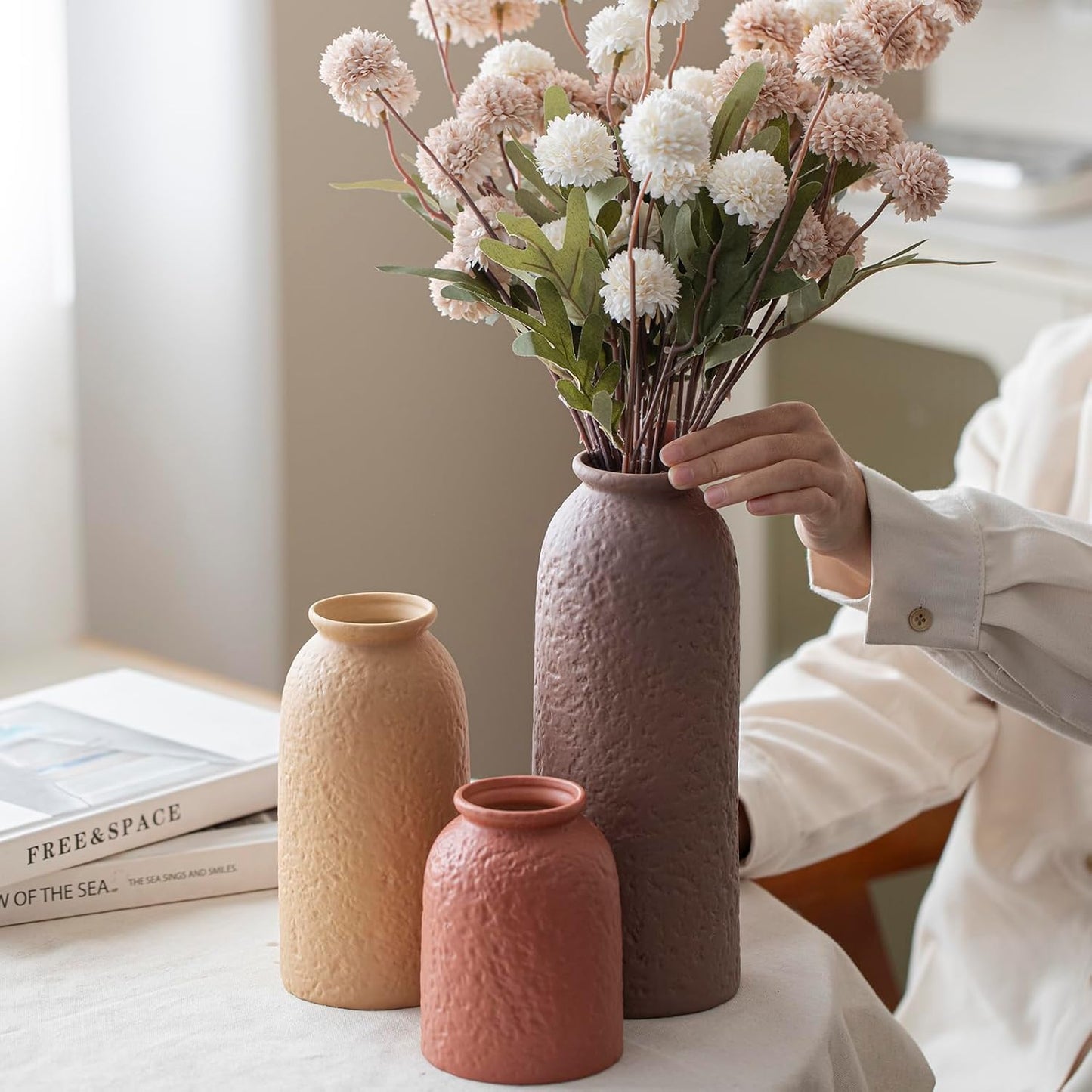 10.4 inches Tall Decorative Ceramic Vase Set, 3 Pieces, Nordic Modern Boho Style, White, Modern Farmhouse for Home Decor (Coffee Mix)