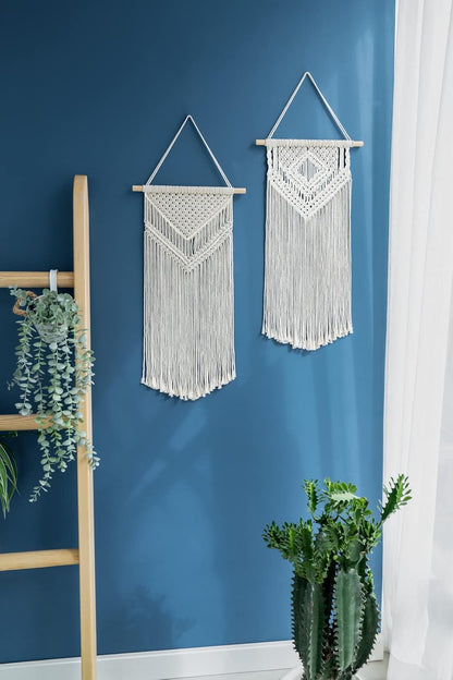 Dahey Small Macrame Wall Hanging 2 Pcs Woven Tapestry Wall Art Decor - Beautiful for Boho Home Bedroom Dorm College Classroom Decor, Apartment, Nursery, Party Decorations, 16.5" L x 10" W and 17.5"x 10"W