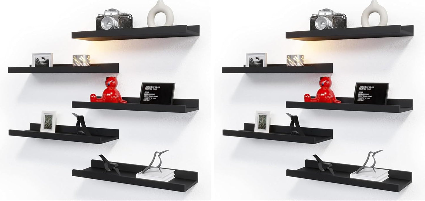 RICHER HOUSE 5 Set Floating Wall Mounted Shelves, Black Shelves for Wall Decor, Modern Picture Ledge Shelf with Lip for Storage, Nursery, Bedroom, Living Room, Bathroom - Black