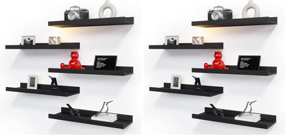 RICHER HOUSE 5 Set Floating Wall Mounted Shelves, Black Shelves for Wall Decor, Modern Picture Ledge Shelf with Lip for Storage, Nursery, Bedroom, Living Room, Bathroom - Black