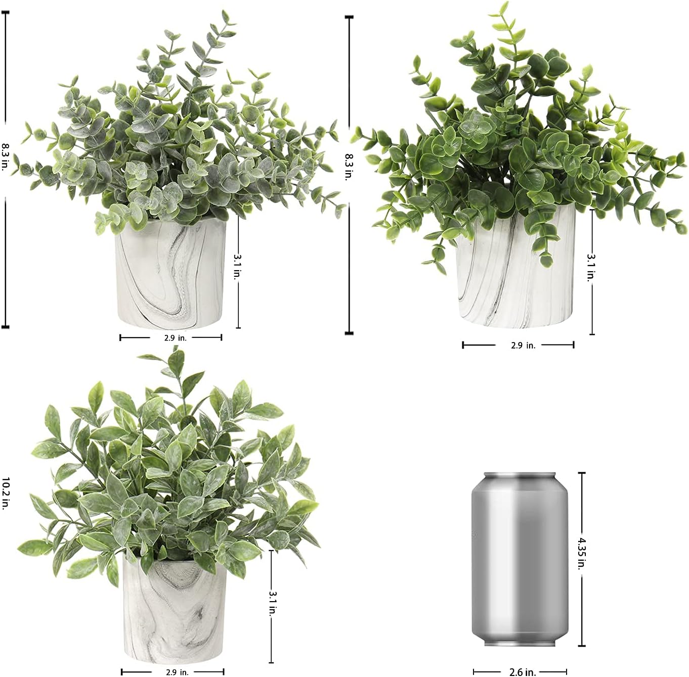 Hollyone Mini Artificial Potted Plants Fake Plants in Marble Pots, 1Pcs Plastic Eucalyptus Greenery Faux Plants for Home Office Desk Room Centerpiece Shelf Décor