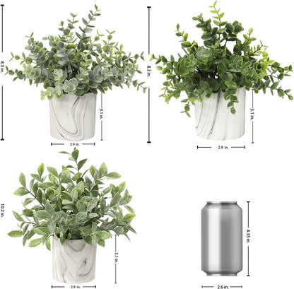 Hollyone Mini Artificial Potted Plants Fake Plants in Marble Pots, 1Pcs Plastic Eucalyptus Greenery Faux Plants for Home Office Desk Room Centerpiece Shelf Décor