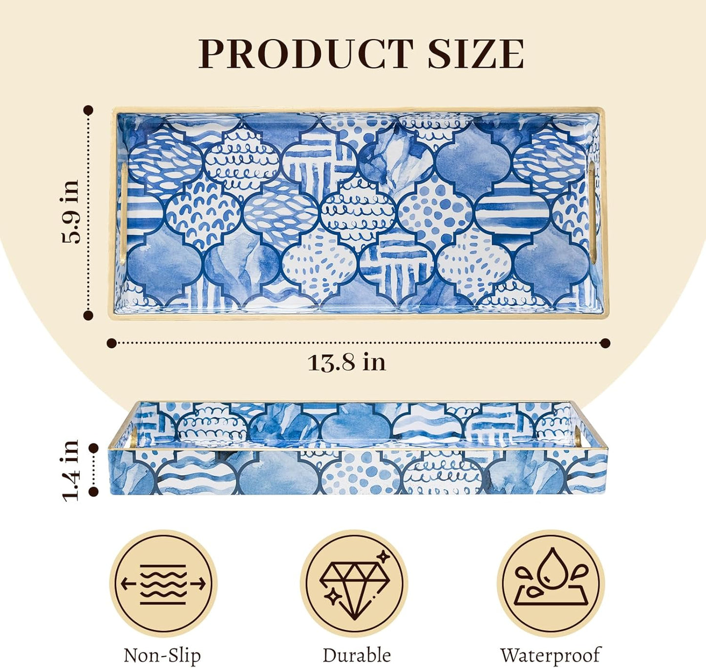 MAONAME White Decorative Tray, Plastic Serving Tray with Handles, Rectangular Moroccan Trays, Long Narrow Trays for Bathroom, Kitchen Counter, 13.8" X 6" X 1.57"
