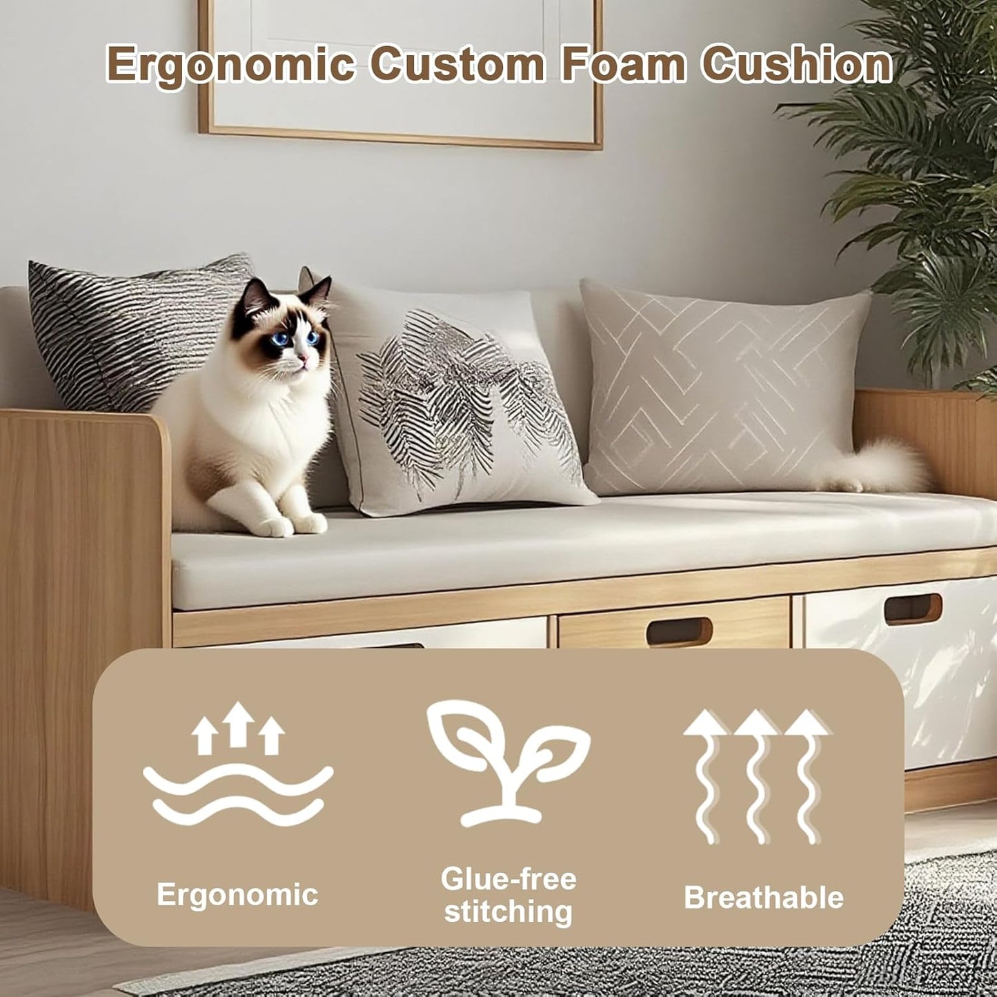 Custom Size Bench Cushion, Custom Bench Cushions for Indoor Furniture, 75D Foam Furniture Window Seat Cushion, Breakfast Nook, Mudroom, Banquette Bench Cushion, Non-Slip Bottom, Pipe Design