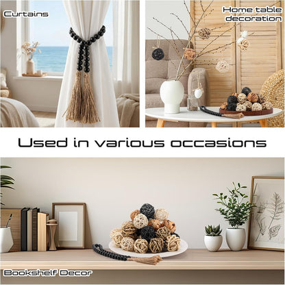Halloscume 31 Pcs Wicker Rattan Decorative Balls with 30.3 Inch Wood Bead Garland Centerpiece Bowls Orbs Vase Fillers Wall Hanging Decor for Summer Home Farmhouse Wedding Party(Black)