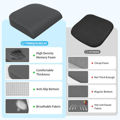 TranquilRelax Large Seat Cushion, Memory Foam Cushion for Long Sitting Hours on Office Chair, Car Seat, Non-Slip Chair Pad for Sciatica, Coccyx, Tailbone Pain Relief & Post-Surgery Recovery (Black)