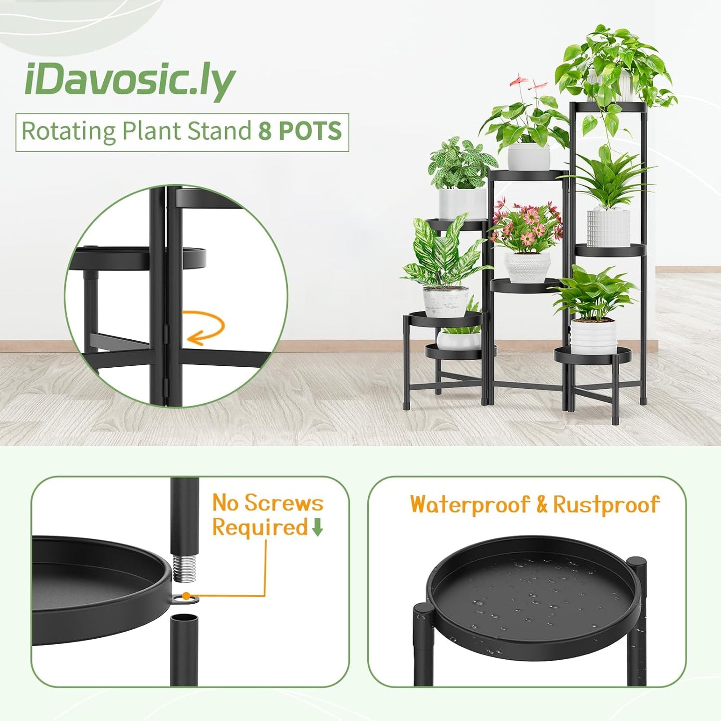 iDavosic.ly Plant Stand Indoor Outdoor, 5 Tier Corner Metal Flower Display Holder Shelf, Folding Tall Orchid Rack for Patio Balcony Porch Garden Living Room House, Black