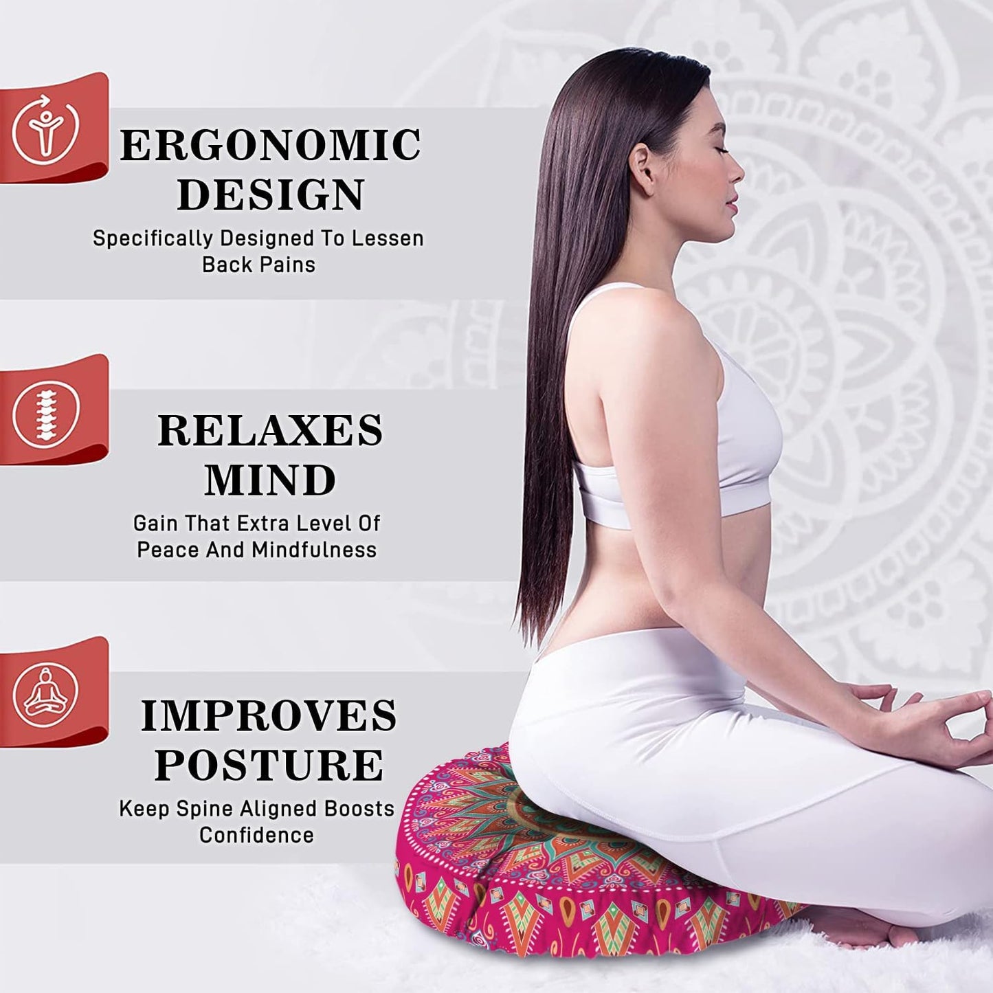 Mandala Meditation Cushion, Boho Meditation Mat, Meditation Pillows for Sitting on Floor, Cushions for Sitting in Home and Outdoor, Square Floor Pillow Cushion Seating for Yoga Accessories 22'' X 22''