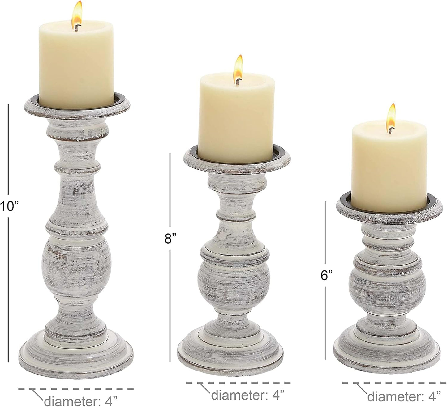 Deco 79 Mango Wood Decorative Candle Holder Distressed Turned Pillar Candle Stand, Set of 3 Candlestick Holder 6", 8", 10"H, Light Blue