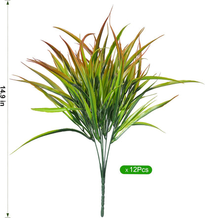 Ivydale 12Pcs Fake Plants Outdoor Artificial Plastic Grass Spring Decoration UV Resistant Faux Greenery Stems Bushes Outside Fake Plants for Planters Patio Porch Window Box Pathway Garden Home Decor