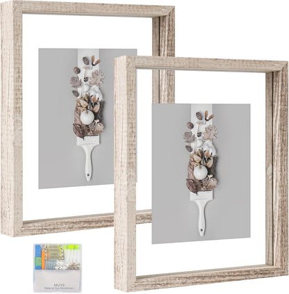 MUYE 11x14 Floating Frame Set of 2,Double Glass Rustic Frame,Display Any Size Photo up to 11x14,Wall Mount or Tabletop Standing,Natural