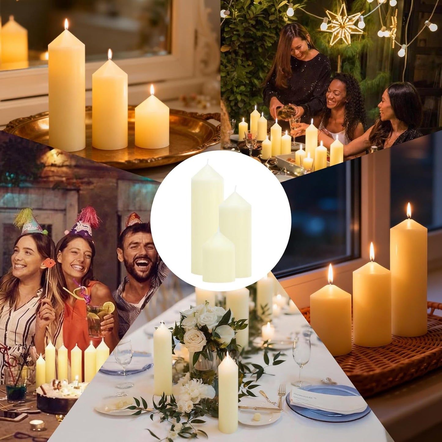 12-Pack Ivory Unscented Pillar Candle Set - 2x3, 2x6, 2x8-inch Long-Burning Drip-Free Tapers, 4 Per Size. Ideal for Home Decor, Weddings, Emergencies, and Holidays.