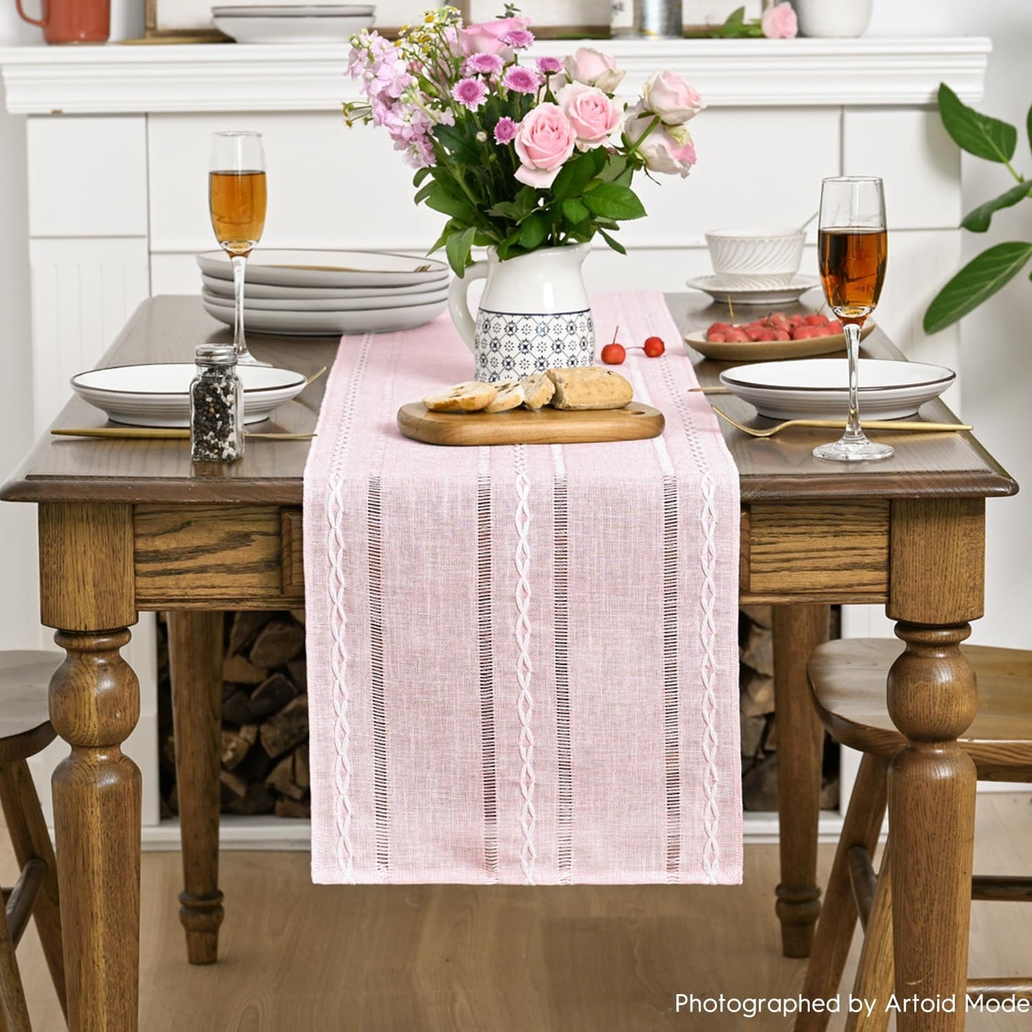 Artoid Mode Beige Rustic Cotton Linen Table Runner, Seasonal Embroidered Hollow Kitchen Dining Table Decoration for Home Party Decor 13x72 Inch