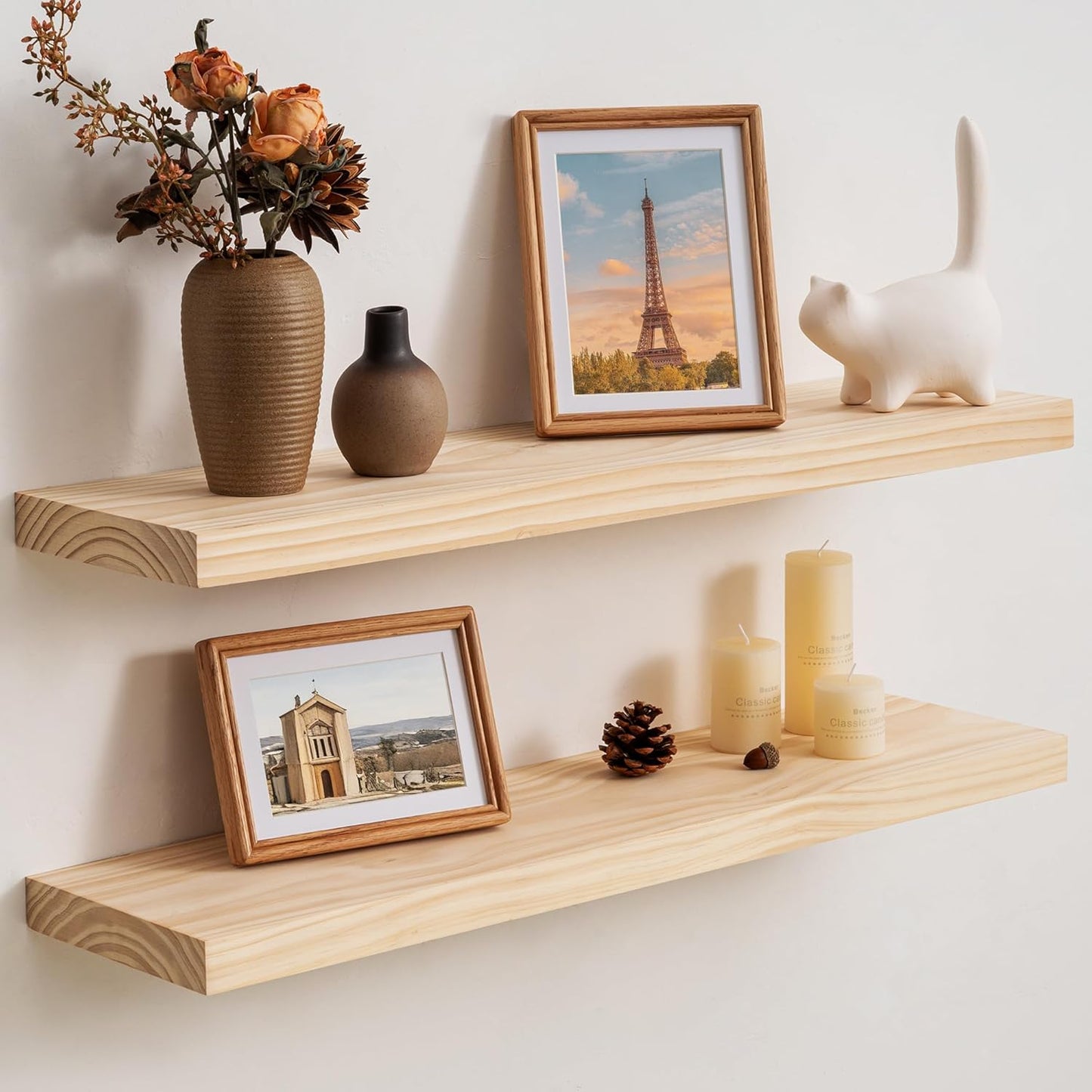Floating Shelves 36 Inches Long - 8 Inch Deep Rustic Premium Solid Pine Wood for Storage - Farmhouse Wall Mounted for Living Room - Heavy-Duty Metal Bracket - 36" W x 8" D - Set of 2 - White Color