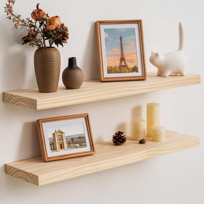 Floating Shelves 36 Inches Long - 8 Inch Deep Rustic Premium Solid Pine Wood for Storage - Farmhouse Wall Mounted for Living Room - Heavy-Duty Metal Bracket - 36" W x 8" D - Set of 2 - White Color