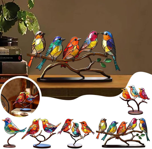 2023 New Stained Metal Birds On Branch Desktop Ornaments, Metal Flat Double Sided Colorful Birds Tabletop Decorations, Multicolor Hummingbird Craft Statue Bird Figurines Sculpture for Home Decor.