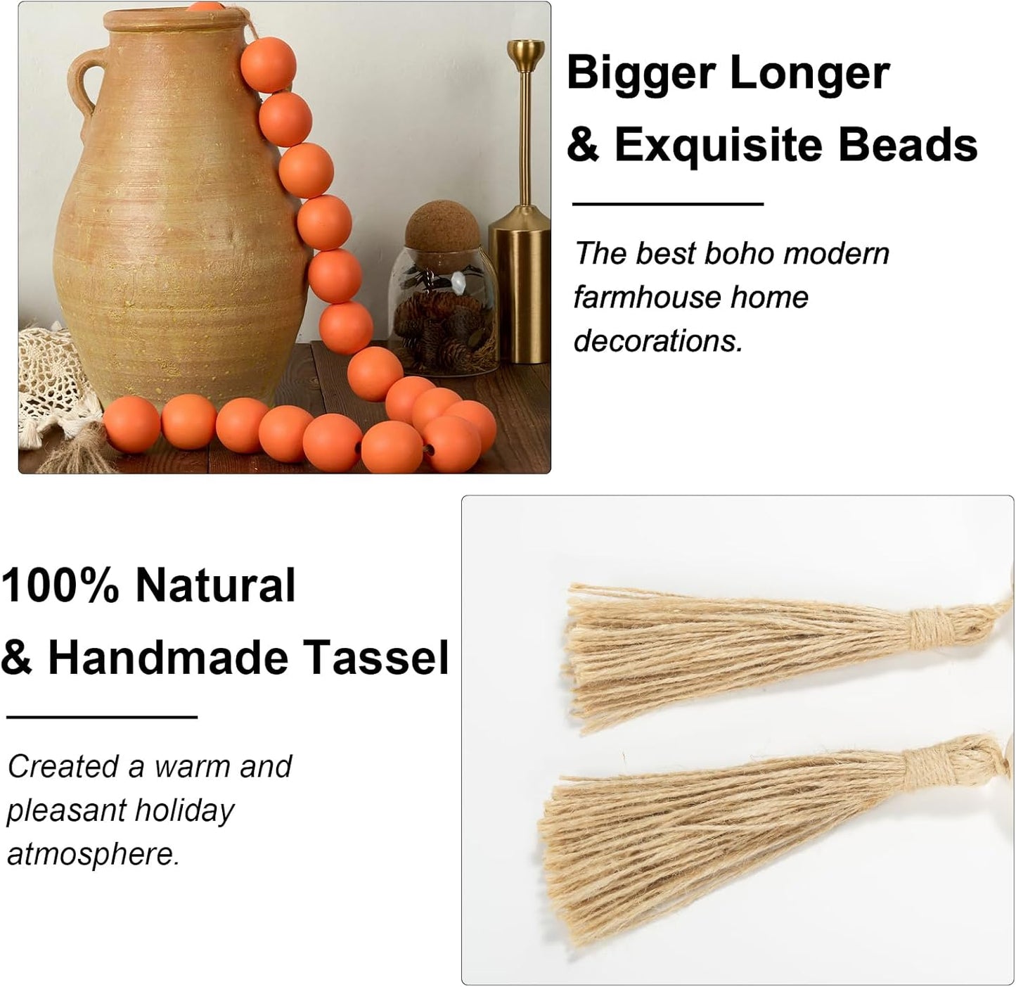 OMISHE Extra Large Wood Bead Garland with 1.6" Diameter Wooden Beads and Tassels, 41" Long Rustic Farmhouse Country Decorative Beads for Home Tiered Tray Decor, Natural Beige