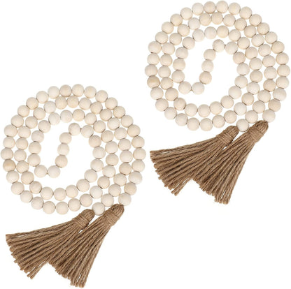 IMIKEYA Wooden Beads Garland: Farmhouse Wood Bead Garland with Tassels Boho Wall Hanging for Home Decor Tiered Tray Rustic Wood Prayer for Coffee Table Decor