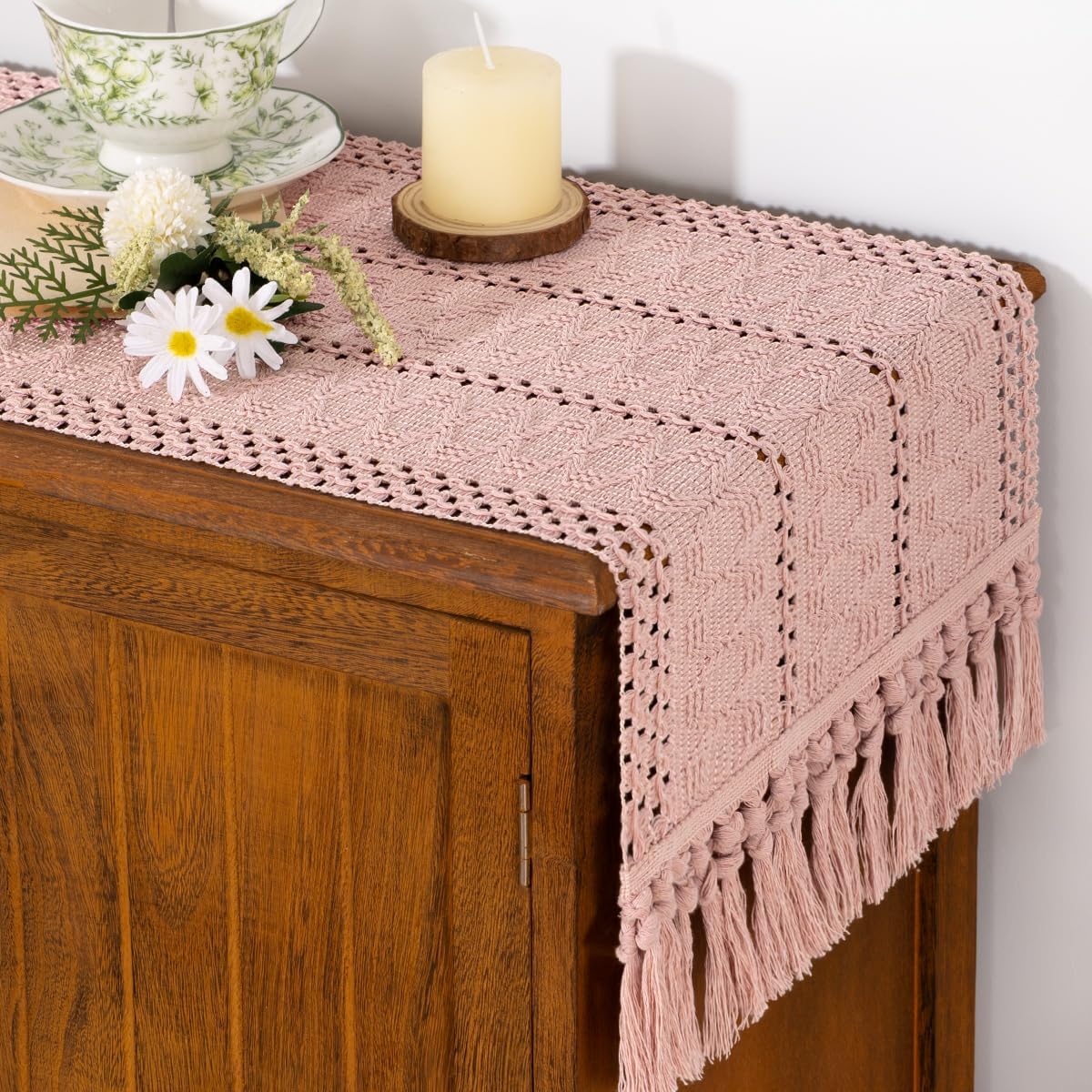 Socomi Boho Table Runner Summer Farmhouse Rustic Dining Kitchen Centerpiece Decor Small Macrame Woven Cotton Linen Coffee Table Runner for Dresser Scarf Home Decor 12x36 inch Beige