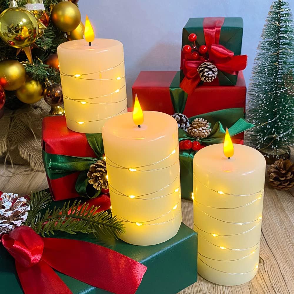 Rechargeable Flameless Glass Pillar Candles–Gifts for Women,–Set of 3, Realistic Flickering LED Light,Remote & Timer, Ideal for Living Room, Bedroom & Festival Wedding Home Party Decor