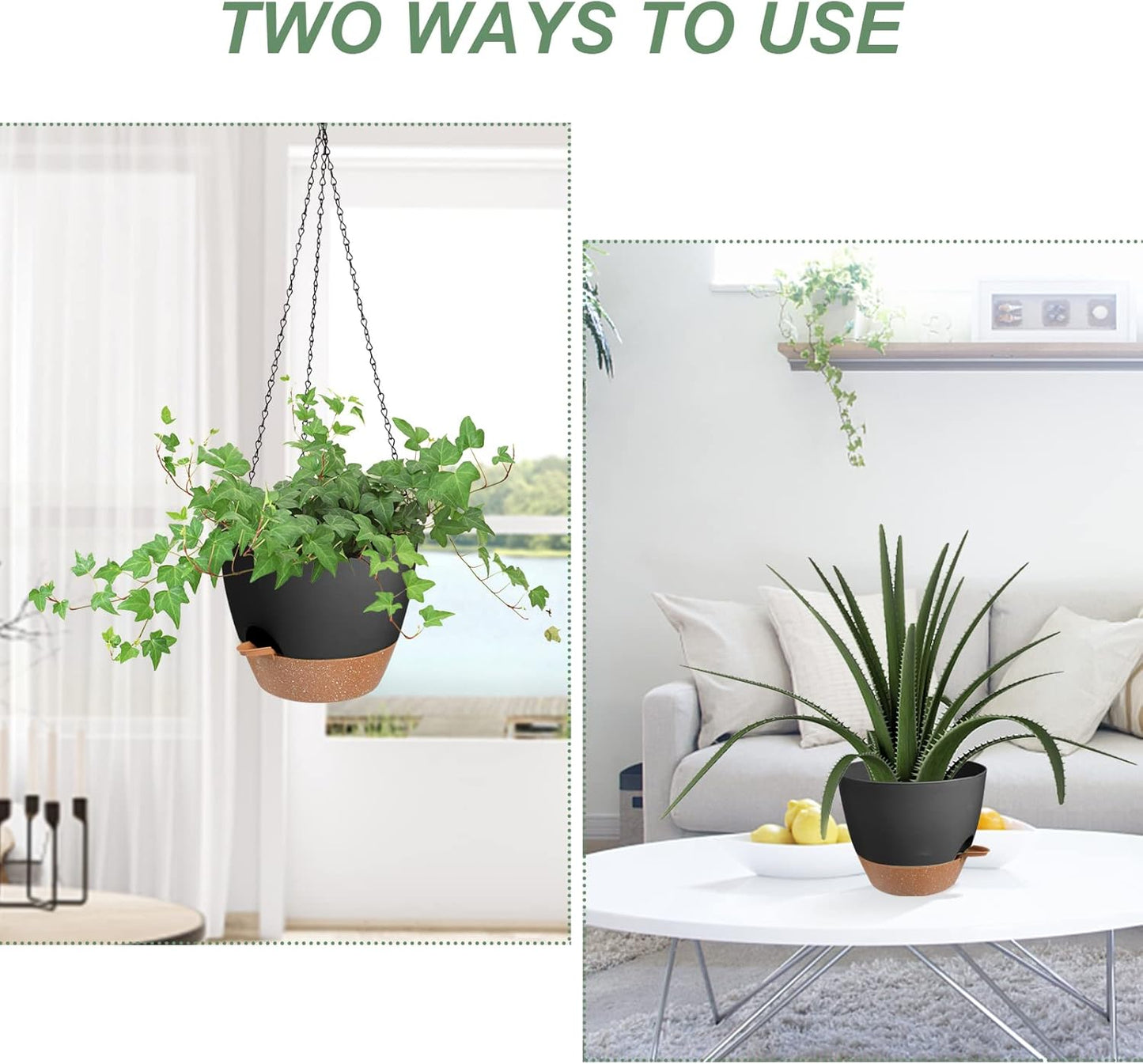 Vanslogreen Hanging Planters for Indoor Outdoor Plants, 2 Pack Self Watering Hanging Pot with Drainage Holes & Removable Tray (Black, 8'')