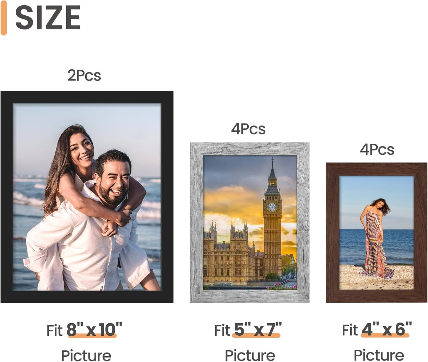 upsimples 10 Pack Picture Frames Collage Wall Decor for Mounting or Tabletop Display, Photo Gallery Frame Set for Family, Multi Sizes Including 8x10, 5x7, 4x6, Black