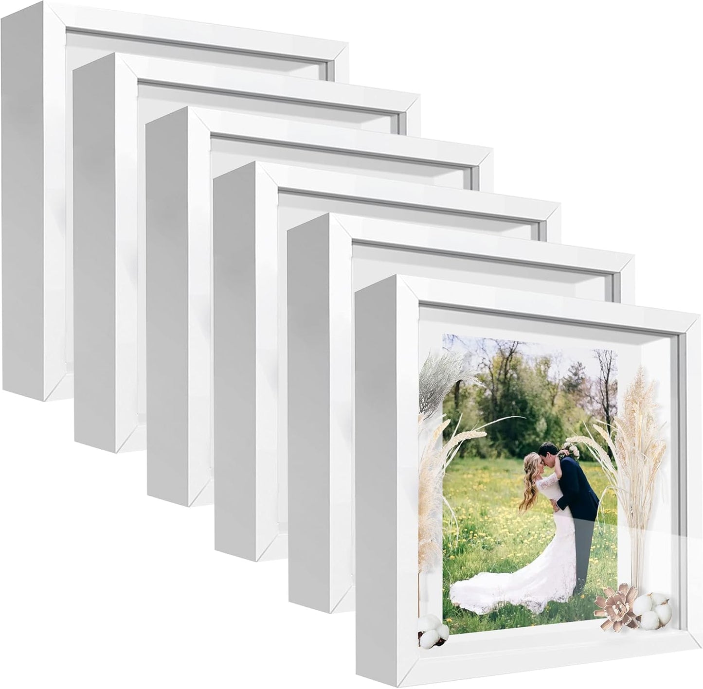 8x8 Shadow Box Frame Display Case with Letter Stickers, 3D Picture Frame, Display Case Box for Memorabilia, Baby Items, Wedding Memories, Crafts, Tickets and Photos (White, 8x8)
