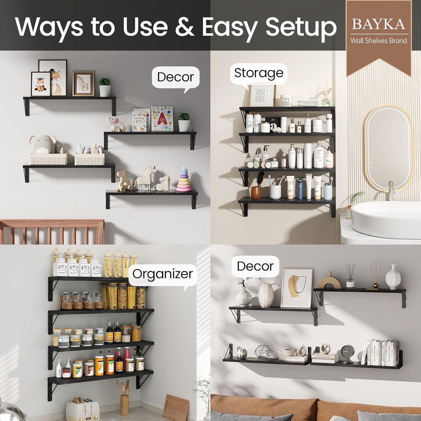 BAYKA Wall Mounted Floating Bathroom Shelves, Wood Wall Shelf for Bathroom Essentials & Decor, Space-Saving Display & Organizer (Black, Set of 4)
