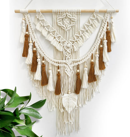 Lokeisna Macrame Wall Hanging, Woven Tapestry Beige & Dusty Rose Handmade Craft Macrame Wall Decor, Gallery & Nursery, Size 37.4” Lx27.5” W