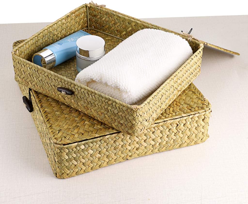Hipiwe Set of 2 Flat Woven Wicker Storage Bins with Lid Natural Seagrass Basket Multipurpose Home Boxes for Shelf Organizer (Coffee)