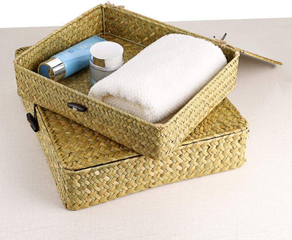 Hipiwe Set of 2 Flat Woven Wicker Storage Bins with Lid Natural Seagrass Basket Multipurpose Home Boxes for Shelf Organizer (Coffee)