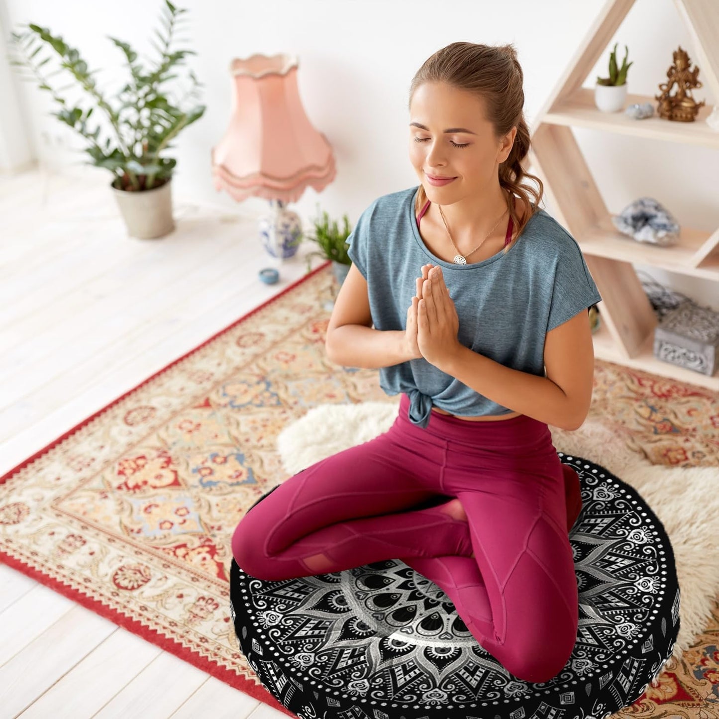 Mandala Meditation Cushion, Boho Meditation Mat, Meditation Pillows for Sitting on Floor, Cushions for Sitting in Home and Outdoor, Square Floor Pillow Cushion Seating for Yoga Accessories 22'' X 22''