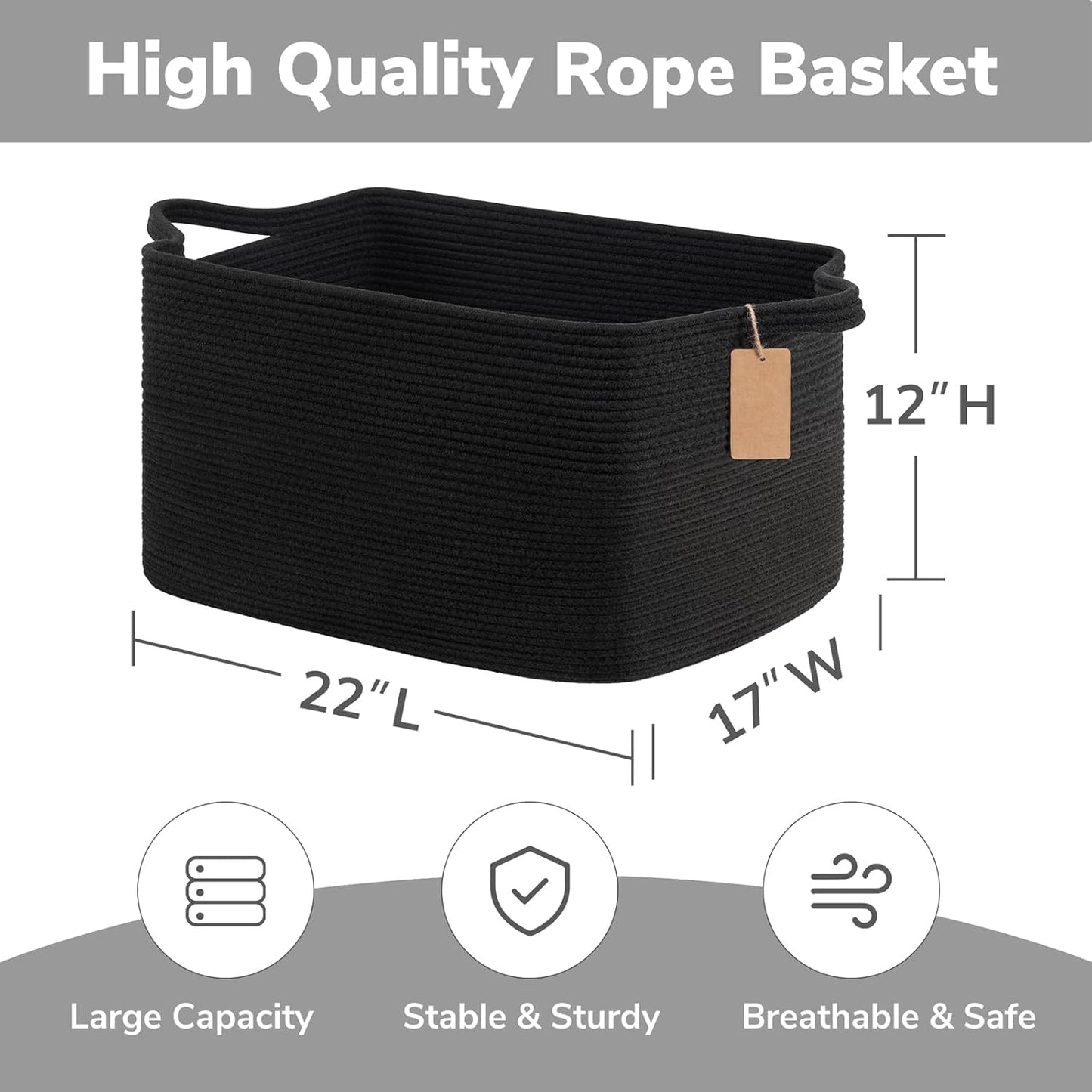 Goodpick Woven Storage Basket, Cotton Rope Basket for Dog Toys, Books, Stylish Gift Basket with Handles, 13 x 10 x 9 Inches Square Baskets for Organizing, Brown and White